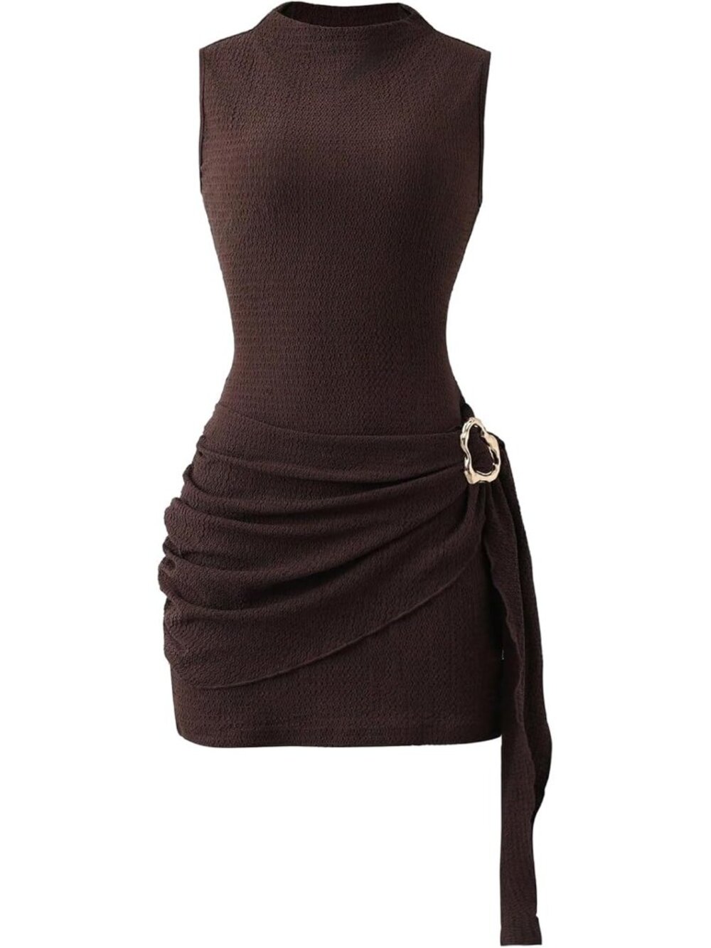 Stylish Brown Sleeveless Mock Neck Bodycon Mini Dress